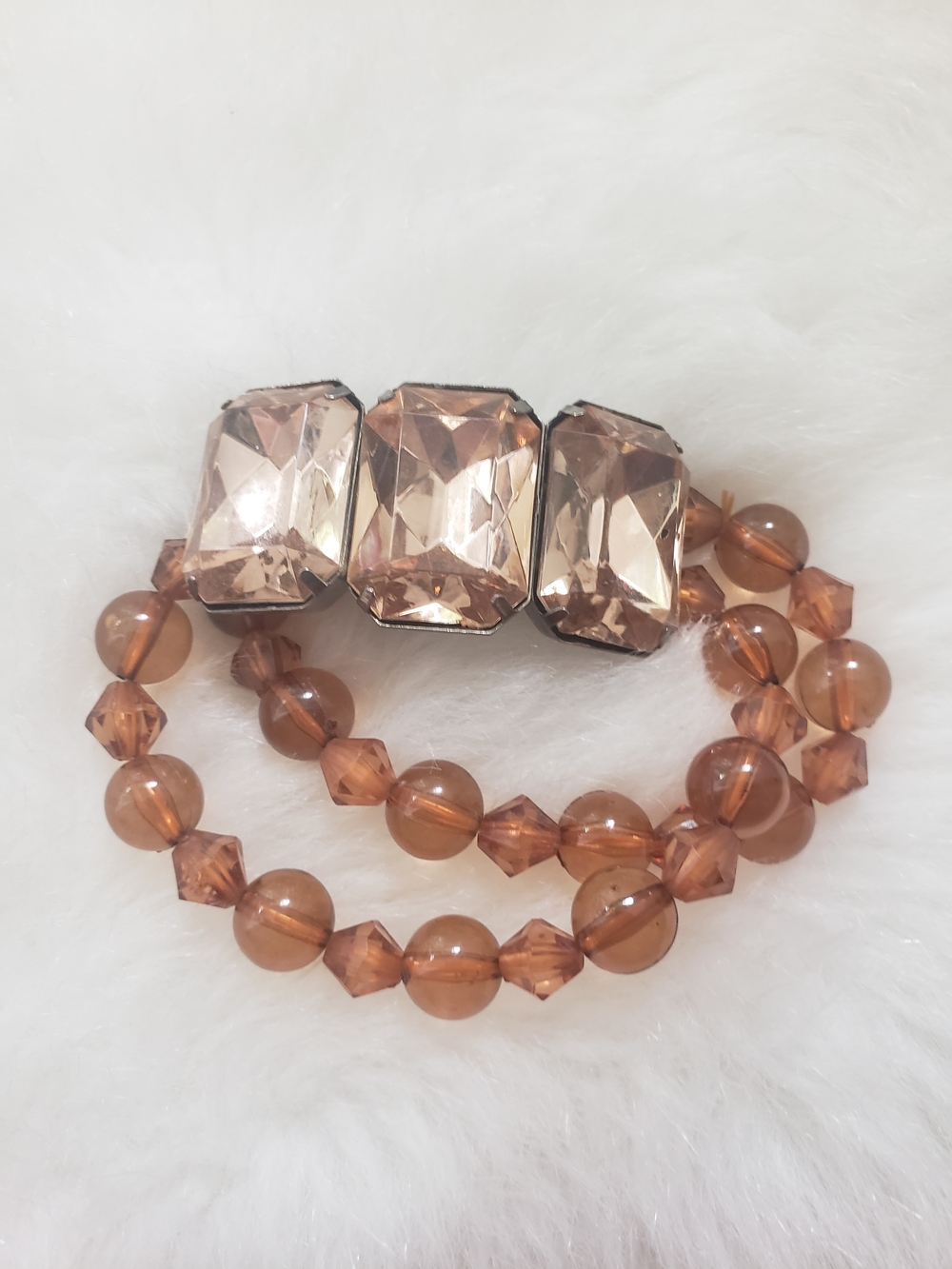Vintage Women's Rose Gold Glass Bead Bracelet with Crystal Accents